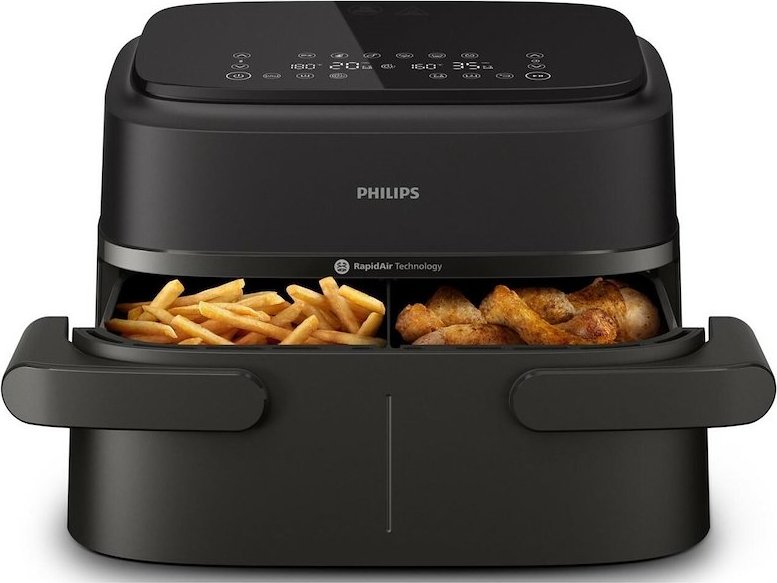 Philips NA150/00 Serie 1000 Friggitrice ad Aria Doppio Cestello 2450 Watt 7,1 Litri (Nero)