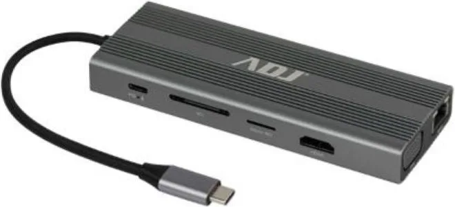 ADJ THOR Docking Station 12 in 1 Type-C HDMI 4K@30Hz VGA 1080p@60Hz LAN Gigabit USB 3.0 USB 2.0 SD Micro SD Audio 3.5mm PD 100W colore Grigio