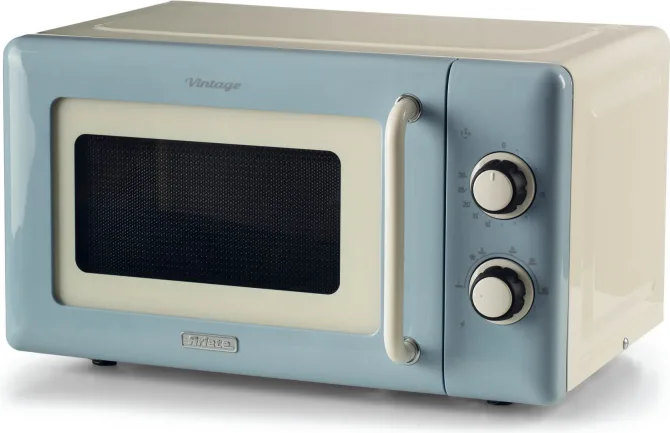 Ariete Linea Vintage 3960 Forno a microonde Vintage, 800W, Capacità 20L, 3 funzioni, 6 livelli di cottura, Timer, Celeste