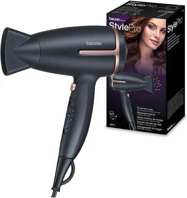 Beurer HC 25 Asciugacapelli da Viaggio 1600W Funzione Ionica 2 Velocita' 2 Temperature Impugnatura Pieghevole colore Nero