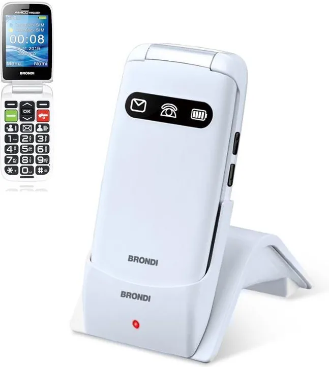 Brondi amico favoloso (bianco metal) - telefono cellulare per anziani - tasto sos - torcia - controllo remoto - annuncio vocale