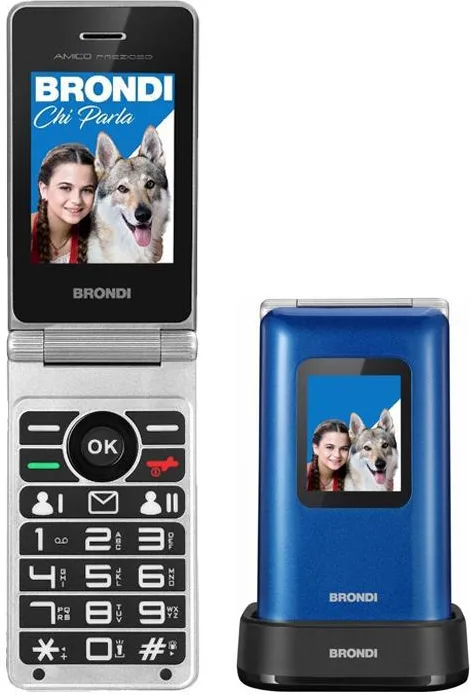 Brondi Amico Prezioso Cellulare a Conchiglia per Anziani Dual SIM Tasto SOS Display 2.8'' Fotocamera 1.3 MP colore Blu Metal