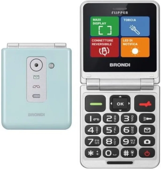 Brondi FLIPPER Flipper Telefono Cellulare Semplificato Dual SIM 3 Tasti Rapidi Schermo 2.4'' 9 Memorie Chiamata Rapida Notifiche a Flip Chiuso colore Green Water Metal