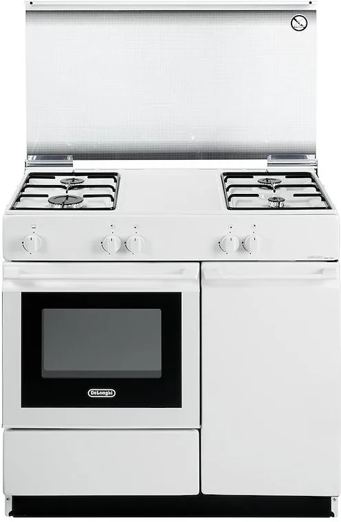 De'Longhi SGW854NM Cucina a Gas 4 Fuochi Forno a Gas Statico 44 L Classe B con Coperchio Vano Portabombola (85x86x50 cm) colore Bianco