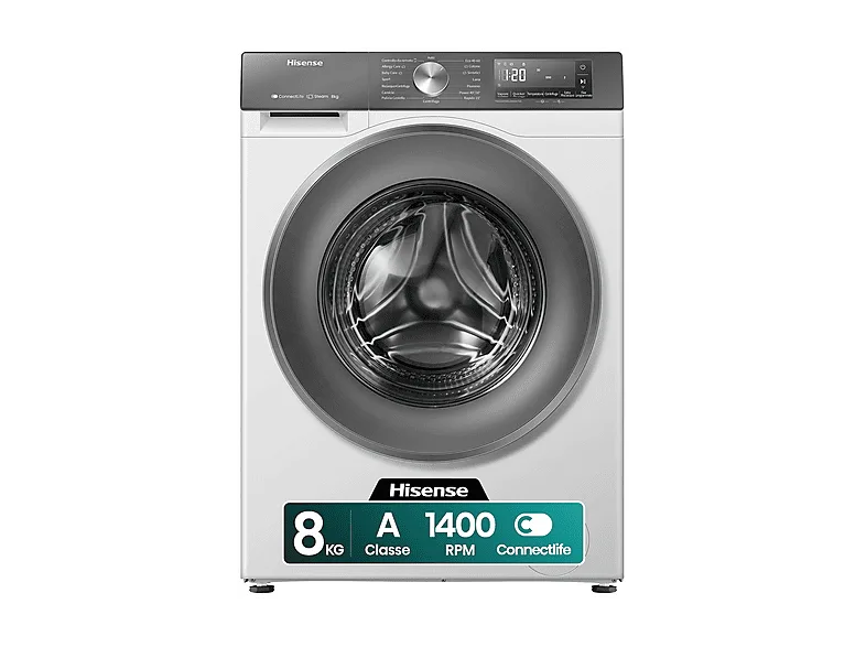 HISENSE WF3S8043BW7 LAVATRICE, Caricamento frontale, 8 kg, 15 programmi, Profondità 51 cm, Giri 1400 rpm, livello rumorosità centrifuga 72 dB(A), Classe A