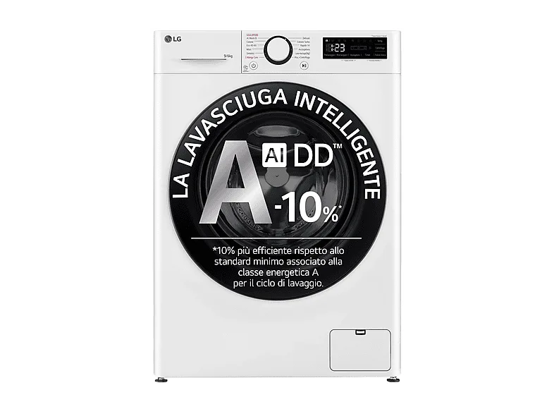 LG AI DD D4R3009NSWB LAVASCIUGA, Caricamento frontale, capacità lavaggio 9 kg, asciugatura 6 12 programmi, Profondità 56,5 cm, Giri 1400 rpm, Bianca, Classe D