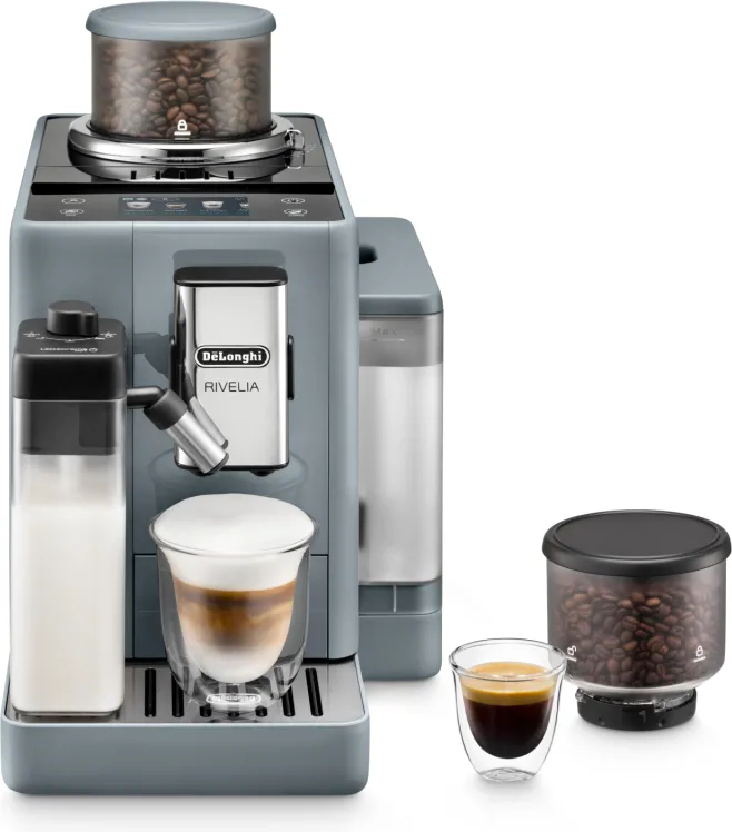 Macchina Automatica per Caffè DE'LONGHI Rivelia EXAM440.55.G, Caraffa Montalatte Automatica, 2 portachicchi intercambiabili, 16 bevande dirette, Display Touch, 19 bar, 1450 W, Grigio