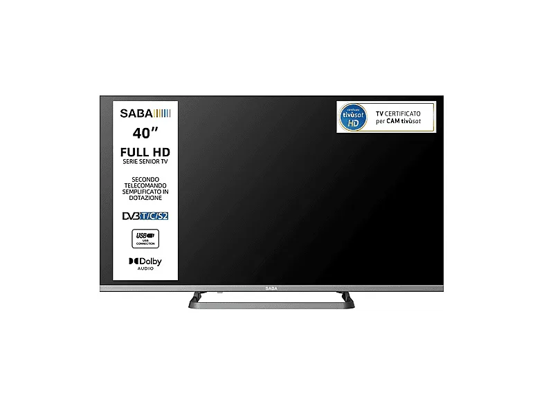 SABA SA40M10 TV 40'' FULL HD,Serie Senior, Secondo telecomando semplificato con tasti grandi in dotazione, Triplo tuner DVBT2/C/S2 HEVC MAIN10, Certifica