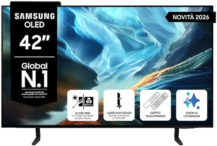 SAMSUNG OLED AI TV 42" QE42S90HAEXZT 4K, Processore NQ4 Gen3, 4K Upscaling Pro, Glare Free, HDR+, Motion Xcelerator 165Hz, Dolby Atmos & OTS Lite, Laser Slim Design, Vision Smart TV, 2026