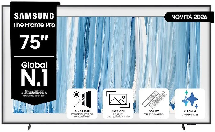 Samsung The Frame Pro AI TV 75'' QE75LS03HWUXZT 4K, Processore NQ4 AI Gen3, 4K AI Upscaling, Art Mode, Glare Free, Neo Quantum HDR, Dolby Atmos & OTS, Mo