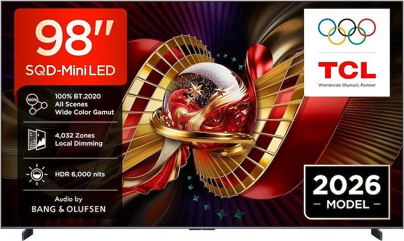 TCL C8L TV 98C8L SQD Mini LED da 98'', 4K HDR, 6000 nit, 4.032 zone di dimming, Google TV, 144Hz, Dolby Vision & Atmos, Audio Bang & Olufsen