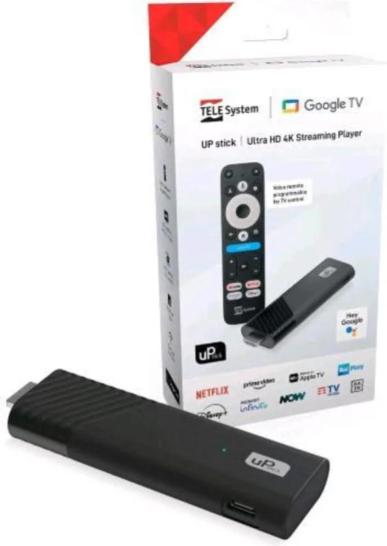 TELE System B0FGJ9JTSC UP Stick Smart TV Upgrader Google TV 4K UHD Dolby Vision Atmos Wi-Fi Dual Band 32GB colore Nero