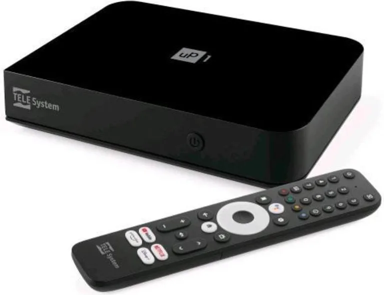 Telesystem up1 smart box decoder digitale terrestre android tv 4k ultra hd dvb-t2 hevc, hdr10+ hlg, av1 certificato netflix, prime video, disney+, chromecast built-in hdmi/scart