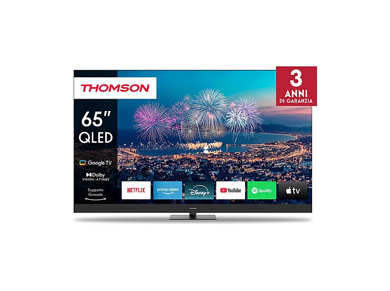 THOMSON 65QG6C14, Smart TV QD-LED 65'', 4K, Dolby Atmos, Google TV, Controllo Vocale, Riduzione dinamica del rumore, Telecomando Bluetooth con pulsanti retroilluminati